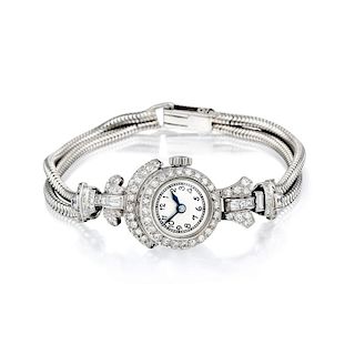 Art Deco Ladies Diamond Platinum Dress Watch, French