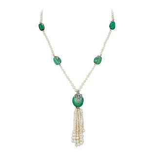 Marcus & Co. Antique Natural Pearl Emerald and Diamond Sautoir