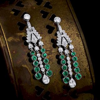 Art Deco Diamond and Emerald Platinum Earrings