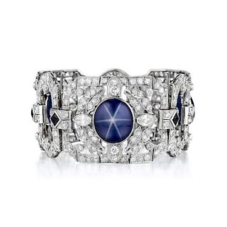 Art Deco Diamond and Synthetic Star Sapphire Platinum Bracelet