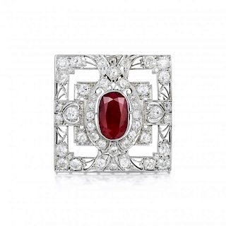 Art Deco Ruby and Diamond Platinum Pendant/Brooch