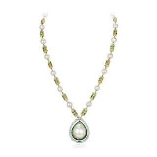 A Cultured Pearl Emerald and Diamond Necklace