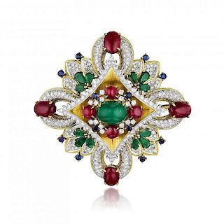 An Emerald Ruby Sapphire and Diamond Brooch/Pendant
