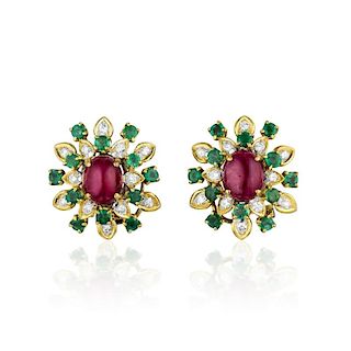 Ruby Emerald and Diamond Earrings
