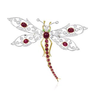 A Ruby Diamond and Peridot Dragonfly Brooch