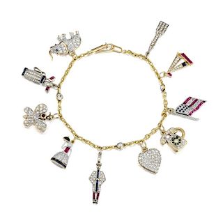 A Diamond and Synthetic Colored Stone Charm Bracelet