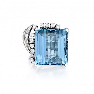 An Aquamarine and Diamond Platinum Ring