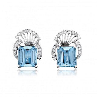 A Pair of Aquamarine and Diamond Earclips