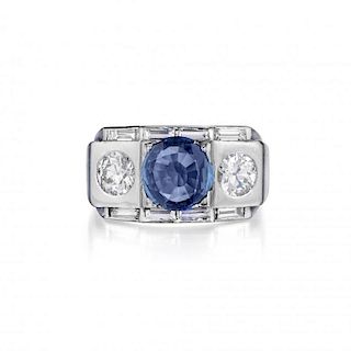 Art Deco Sapphire and Diamond Platinum Men's Ring, French