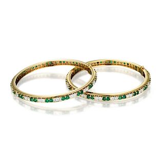 A Pair of Emerald and Diamond Bangles