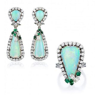 Opal Emerald and Diamond Earrings and Ring