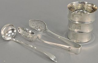 Three Tiffany sterling silver pieces including tongs, small ladle, and can (ht