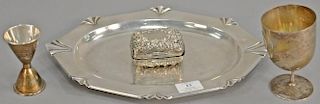 Four piece sterling silver lot including small tray, soap dish (lg. 14in.), stem, and shot measure. 26.8 troy ounces   Proven