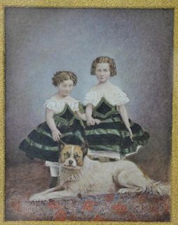 Victorian watercolor of two young girls with a dog, unsigned, 12" x 10".
