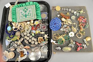 Lot of costume and silver jewelry including American Southwest silver necklace with turquoise, pins on tray, plus three rhine