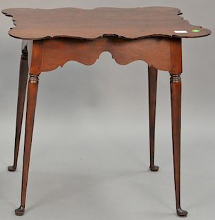 Custom cherry Queen Anne style tea table with shaped porringer top, pencil signed under top. ht. 27 in., top: 21 1/2" x 27"