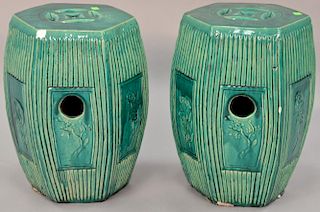 Pair of Chinese green glazed garden seats. ht. 18 1/2 in.   Provenance: The Estate of Thomas F Hodgman of Fairfield, Connecti
