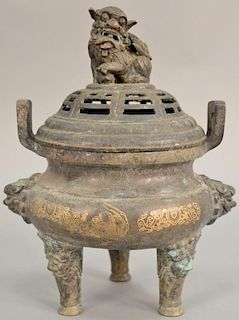Chinese bronze censer with inlaid case on three feet with foo dog cover. ht. 16 in.