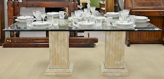 Glass top dining table with two faux painted square pedestals, bevel edge (table only). ht. 29 in., top: 44" x 72"