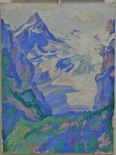 Four pieces of art to include Dorothy Alden Hapgood (1892-1929), oil on canvas mountainous winter landscape; Burt Roys (20th 