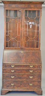 George II style burlwood secretary desk in two parts with leather writing surface. ht. 88 in., wd. 40 in.