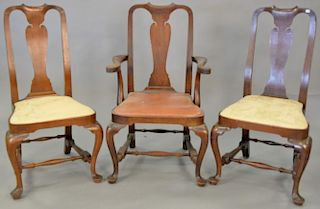 Set three Wallace Nutting walnut Queen Anne style chairs, one arm and two side, marked with block letters.