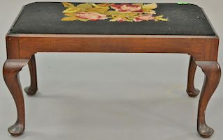 Custom mahogany bench with needlepoint top with attribution to Margolis. ht. 16in., top: 14" x 28"