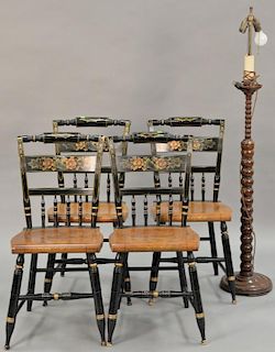 Five piece lot to include four Hitchcock chairs and wood floor lamp (ht. 55 in.).