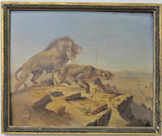 Two framed paintings to include Crouching Lions in Savannah, signed Knopp NY 186 (11 1/4" x 14 1/4) and oil on canvas of a ho