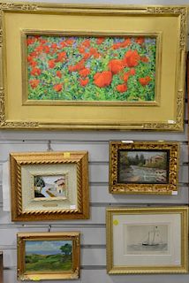 Group of six framed items to include Carl Andrew Schaad (1946-2011), oil on canvas of flowers; Pardi, oil on board river land