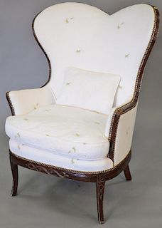 Fan back chair with white custom upholstery with green grasshoppers.  Provenance: From the Estate of Faith K. Tiberio of Sher