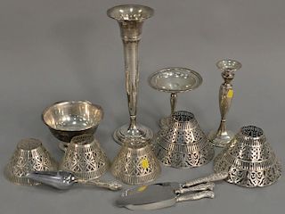 Lot of sterling silver weighted with Bailey Banks and Biddle hand hammered vase (ht. 14in.), stick and compote, plus lamp sha