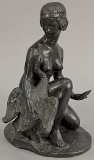 Roberts bronze sculpture of a kneeling nude woman holding a goose on oval base, signed on base Roy Roberts?. ht. 12in.