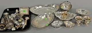 Sterling silver lot including three oval dishes, nut dishes, flatware, and cigarette holders. 49 troy ounces plus 4 handles, 