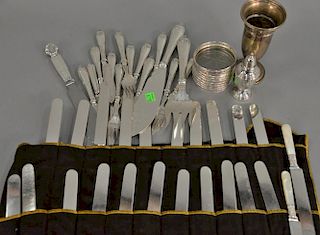 Silver and fish set lot with twenty-three pearl handled knives, coasters, etc.   Provenance: The Estate of Thomas F Hodgman o