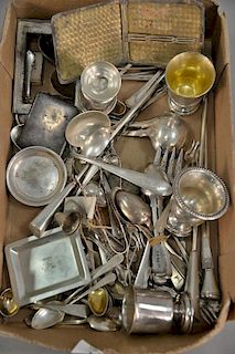 Tray lot of coin and sterling silver cigarette case, small dishes, flatware, etc. 61.7 weighable troy ounces