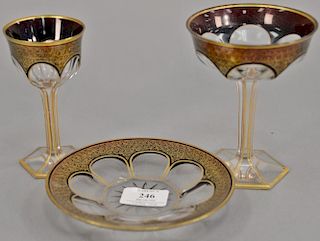 Eleven piece lot of stems, wines (ht. 5 1/2in.), cordials (ht. 5 1/4in.), and saucer attributed to Moser.