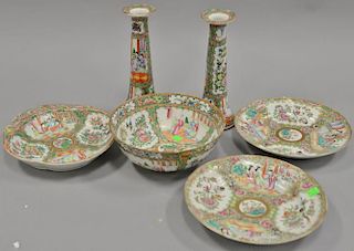 Six rose medallion porcelain pieces, pair of candlesticks (ht. 10 1/4in.), shaped dish (10 1/4" x 9 1/2"), two plates, and a 