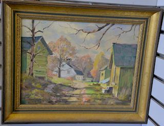 Alex Poplaski (1906-1988), oil on canvas, Connecticut farmyard with house and barns, signed lower left: Poplaski, 12" x 16".