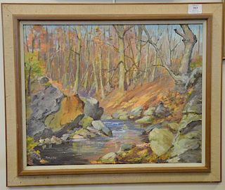 Alex Poplaski (1906-1988), oil on board, fall landscape with brook, signed lower left: Poplaski, 14" x 20".