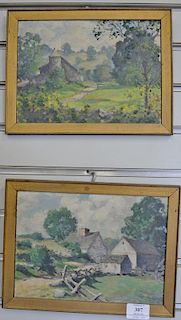Three Alex Poplaski (1906-1988) oil on board landscapes, one signed lower left: Poplaski. 7 1/2" x 10 1/4" and 7 1/2" x 9 3/4