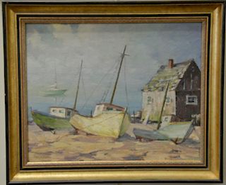 Alex Poplaski (1906-1988), oil on board, Beached Boats, signed lower left: Poplaski, 16" x 20".