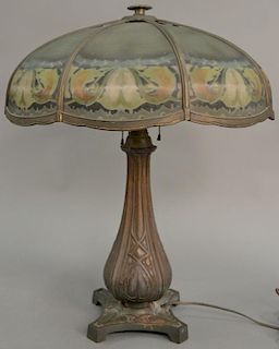 Bradley & Hubbard signed reverse painted panel table lamp. ht. 25 in., dia. 20 in.