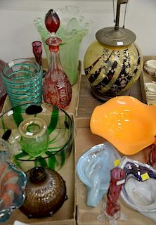 Three box lots to include Art glass swan dishes, orange compote, small vase with iridescent rim, Libbey vase, art glass baske