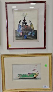 Two framed paintings on tissue paper including two girls playing cards, sight size: 10" x 7 1/2" and oil painting of Junk Tin
