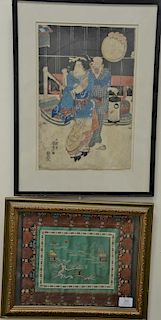 Four framed Oriental pieces to include Japanese woodblock of two figures, small woodblock of a boat, and a pair of embroidere