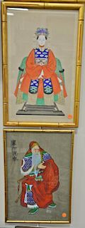 Four framed Chinese paintings to include a pair of 20th century ancestral portraits 17" x 10", elderly bearded man in a red r