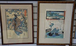 Four framed Japanese woodblock prints, one is a tryptic. sight size 13 1/2" x 9 1/2" to image size 14" x 29"