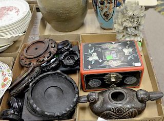 Three tray lots of Asian items to include carved Chinese stands, soapstone carved flowers, cloisonne vase (as is), carved woo
