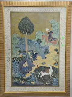 Pair of Tibetan Middle Eastern mixed media on cloth paintings, one landscape with hunter on horse by nude woman bathing and t